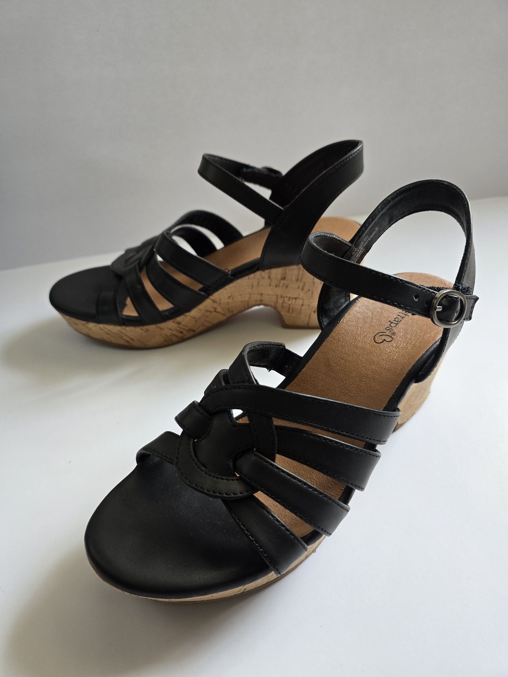 BareTraps Black Strappy Cork Wedge Sandals